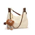Sac cabas vintage crème avec bordure marron, chaîne dorée et breloque peluche mignonne - Blanc Petit