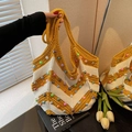 Handmade crochet woven tote bag with yellow zig-zag pattern and colorful pearls decor - Yellow