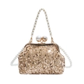 Borsa a mano elegante con paillettes champagne, manico di perle e chiusura in metallo - Oro