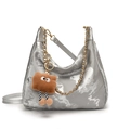 Silver metallic Hobo tote bag with cloud texture, chain strap, and cute plush charm - Silver Large