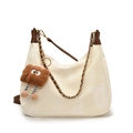 Crescent beige tote bag with brown handles and a gold chain accessory with plush charm - White Large