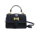 Navy blue crossbody square bag with gold hardware and textured fabric panels - Black