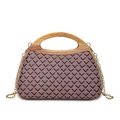 Bohemian woven clutch with brown geometric pattern, wooden handle, and gold chain strap - Red