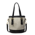 Bolso saco de lona beige minimalista con ribete de cuero negro y logo dorado - Beige Gris Negro