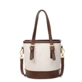 Bolso saco de lona beige con ribetes de cuero marrón oscuro y correa desmontable - Café Blanco