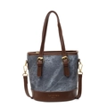Bolso tipo cubo de denim azul con adornos de cuero marrón y correa ajustable - Azul