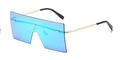 Oversized square rimless sunglasses featuring bright blue lenses and slim gold metal temples - Gold Frame Blue Mirror