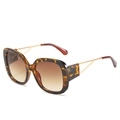 Oversized tortoise shell square sunglasses with golden metal temples and gradient brown lenses - Leopard Frame Gradient Brown Lens