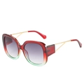 Oversized square sunglasses featuring a red and green gradient frame and gold metal temples - Red Green Frame Double Grey Lenses