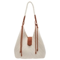 Borsa tote in maglia color crema minimalista con trama intrecciata e fibbia marrone - Bianco