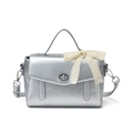 Silver metallic tote bag with lace bow decoration and adjustable shoulder strap - Silver