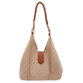 Borsa tote in maglia beige con trama a v, manico intrecciato marrone e fibbia - Cachi