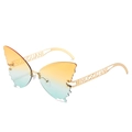 Frameless butterfly sunglasses with orange to blue gradient lenses and gold hollow arms - One Size / Gold Frame Yellow Green Gradient