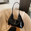 Glossy black patent leather hobo underarm bag with a shiny mirror finish texture - Black