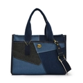 Patchwork-Einkaufstasche aus Denim mit goldenem Drehverschluss und Schultergurt - Blauschwarz