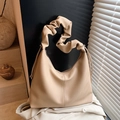 Beige lychee texture faux leather hobo bag with pleated shoulder strap and drawstring - Khaki