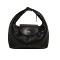 Minimalist black pleated handbag with smooth flap and silver button in a crescent shape - Black