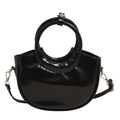Minimalist black patent leather saddle bag with silver hardware and circular top handles - Black
