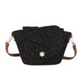 Sac bandoulière tissé noir avec fil doré, bouton perle et bandoulière marron - Noir