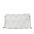 Witte denim crossbodytas met ruitpatroon van franjes en zilverkleurige ketting - Broken Wit