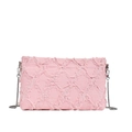 Roze denim schoudertas met gerafeld ruitpatroon en een zilveren metalen ketting - Roze