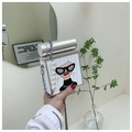 Cartoon print white crossbody bag with pearl chain strap and metal clasp on the top - White