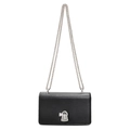 Minimalist black glossy leather chain bag with silver unique buckle and dual straps - Large / Black