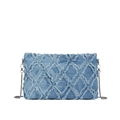 Blue denim crossbody bag featuring quilted frayed edges and a silver metal chain strap - Blue