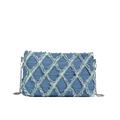 Blue denim quilted bag with frayed edges and silver chain strap in a classic layout - Teal