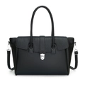 Borsa tote classica in pelle nera martellata con chiusura a scudo argento e tracolla - Nero
