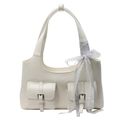Borsa a spalla bianco sporco con doppie tasche e decorazione nastro in pizzo a quadri - Bianco