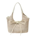 Schicke beige Stroh-Einkaufstasche mit eleganter cremefarbener Lederschleife für den Sommer - Gebrochenes Weiß