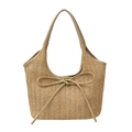 Handgewebte beige Strohtasche mit dekorativer PU-Lederschleife und stabilen Tragegriffen - Khaki