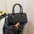 Classic black faux leather handbag with crocodile pattern and silver metal buckle accent - Black without Pendant