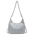 Quilted light grey shoulder bag in glossy PU leather with silver twist lock and chain strap - Light Blue
