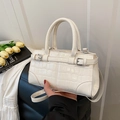 White faux leather crocodile embossed handbag with silver buckle and top handles - White Without Pendant