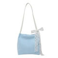 Borsa a spalla in tela celeste con fiocco in pizzo bianco e sottili manici bianchi - Blu Chiaro con Tracolla Bianca