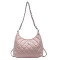 Quilted light pink hobo bag with glossy finish and silver chain shoulder strap - Pink