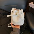 Mini white bucket bag with snake skin texture and golden twist lock for women - White