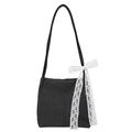 Grande borsa a spalla in tela nera da donna con fiocco in pizzo floreale bianco - Nero
