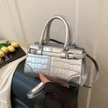 Silver croc-effect small square handbag with double top handles and a shoulder strap - Silver No Pendant