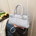 Elegant light blue crocodile embossed small square bag with dual handles and silver hardware - Blue Without Charm