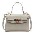 Cream white mock crocodile pattern Kelly handbag with elegant gold metal ring clasp - Off White