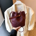 Mini burgundy bucket bag in snakeskin texture with vintage gold buckle and shoulder strap - Burgundy