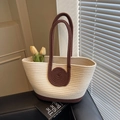 Two-tone woven tote bag with brown handles and cream knit texture for beach or daily use - Brown