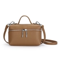 Brown lychee leather mini crossbody camera bag with silver dual zippers and top handle - Khaki
