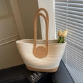 Minimalist woven tote bag with contrast stitching and spiral handles for summer beach vacations - Khaki