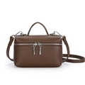 Dark brown pebble leather shoulder bag with top handle and silver double zippers - Brown