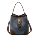 Bolso cubo de mezclilla retro con ribete de cuero marrón y cierre de metal dorado - Azul