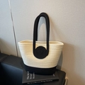 Minimalist woven handbag in cream white and black contrast color with top handle - Black